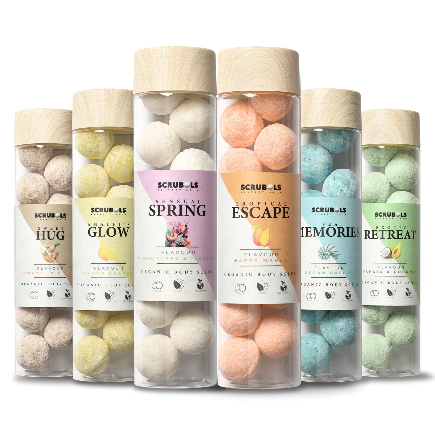 6 fragranze scrubols con sfondo bianco
